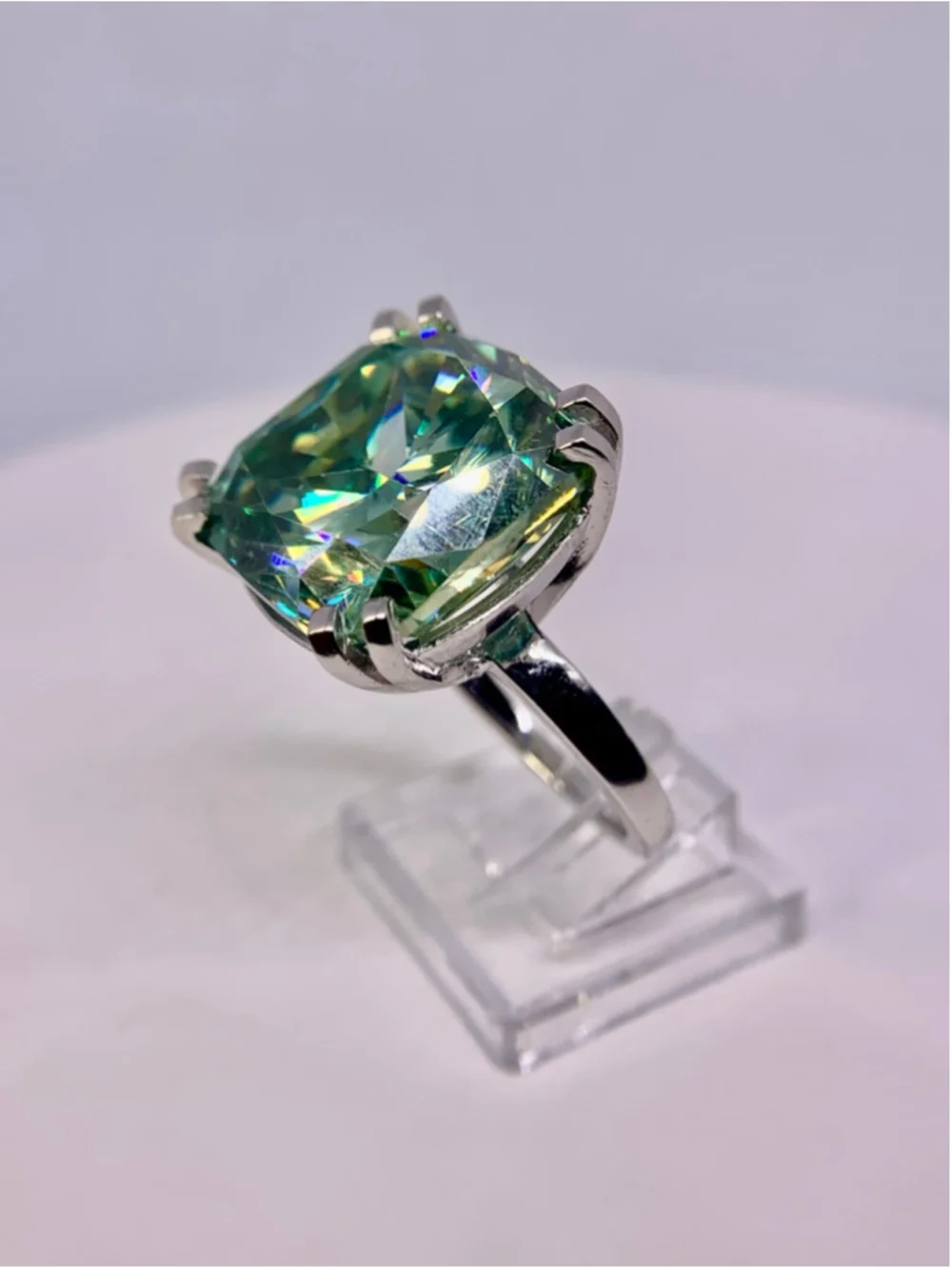 Huge Cushion Cut Moissanite Ring Vivid Blue Green 925 Silver 22 Ct Cocktail Ring